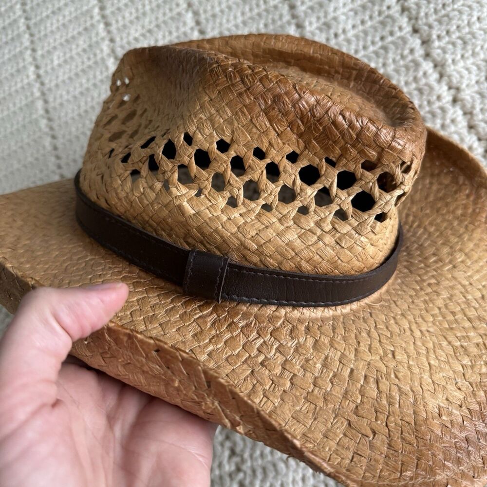 Peter Grimm Cowboy Hat Woven Straw Paper One Size Open Weave Tea Stain Tan Brown - Picture 6 of 11
